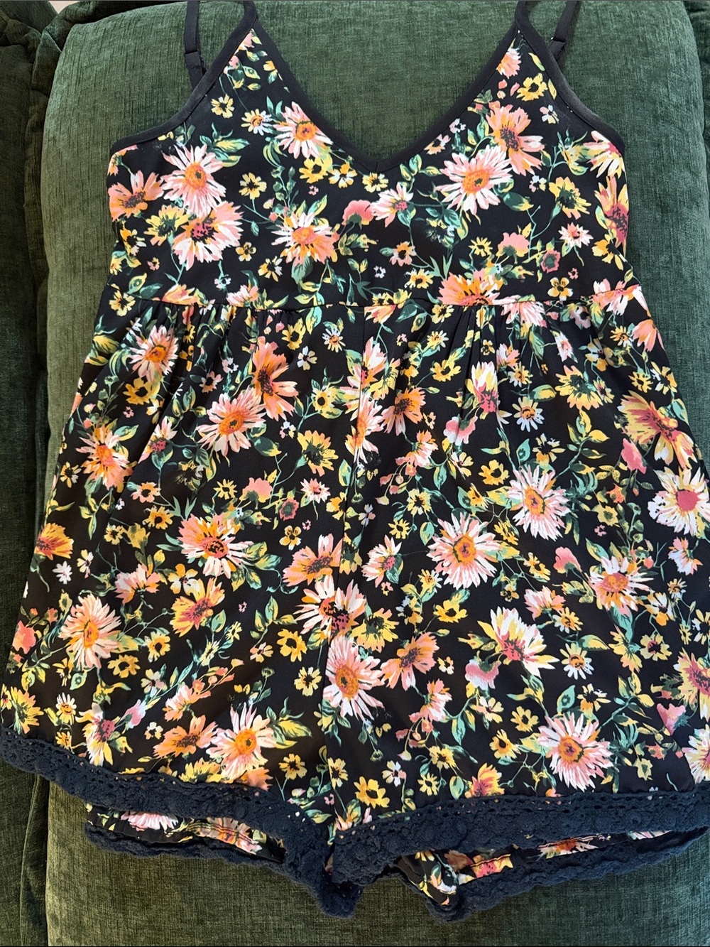 Floral Black Cami Romper with Lace Trim